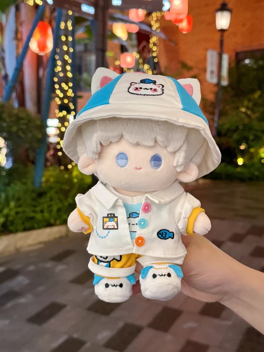 Custom 20cm cotton doll with removable bucket hat outfit