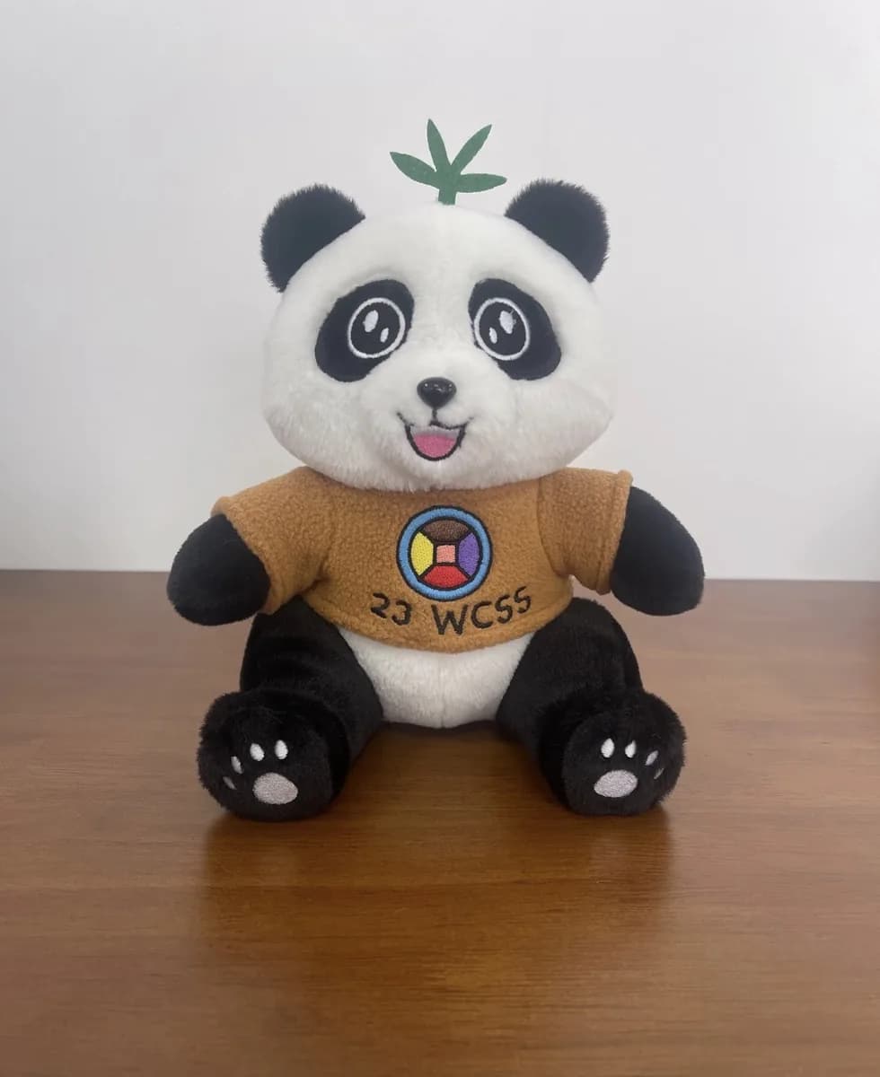 Panda mascot plush with printed corporate logo on the chest