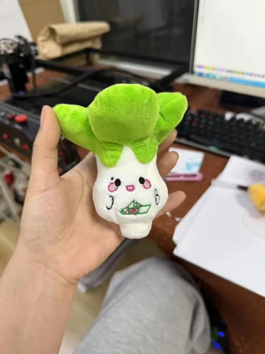 Vegetable character plush toy with leafy hat