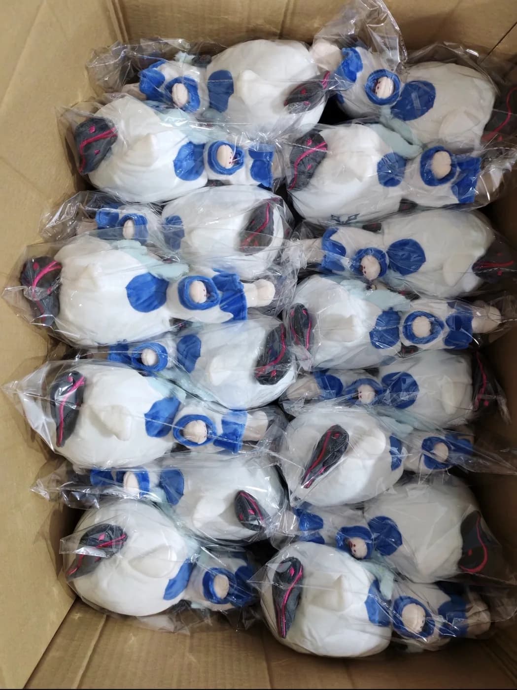 Bulk run of white plush toys awaiting inspection