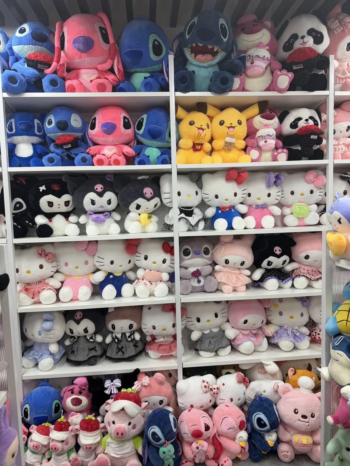 Aisle of stocked plush toys in the finished goods warehouse